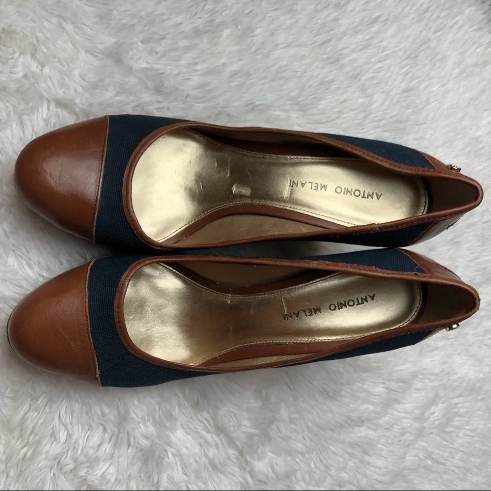 ANTONIO MELANI Blue/Brown/Cork Drew Wedge Sz 10